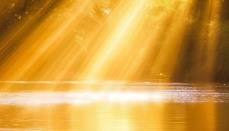 A tranquil river scene bathed in golden sunlight. Rays of light pierce through the trees, creating a serene and peaceful atmosphere.の写真素材