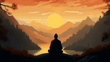 A man meditates peacefully by a serene mountain lake at sunset. The scene evokes tranquility and inner peace.の写真素材