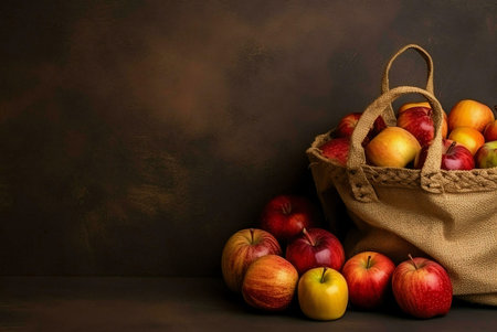 A burlap bag brimming with ripe red and yellow apples sits against a dark background, exuding a...