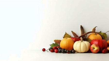 A vibrant autumn harvest scene featuring pumpkins, apples, grapes and corn.