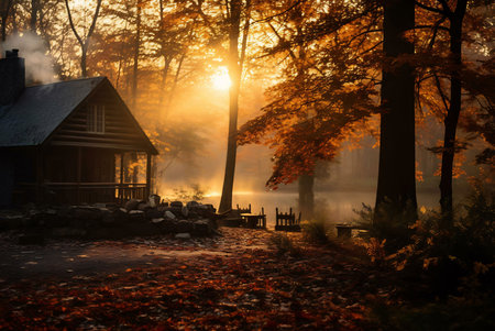 A cozy cabin nestled in an autumnal forest by a tranquil lake. The golden sunrise casts a magical...