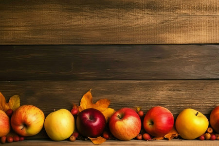 A captivating image showing a row of ripe apples with autumn leaves against a rustic wooden...
