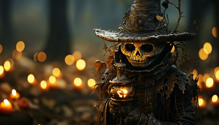 A spooky skeleton figure in a witch's costume holds a lantern, surrounded by glowing candles in a dark forest. Halloween night.の写真素材