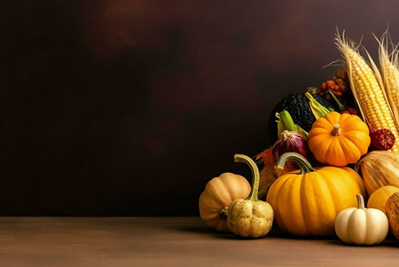 A vibrant autumn harvest scene featuring pumpkins, gourds, corn, and other seasonal vegetables. Perfect for Thanksgiving.の写真素材