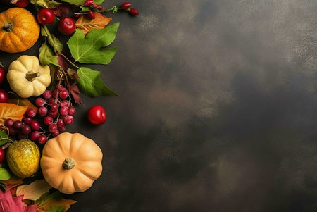 A vibrant autumnal still life featuring pumpkins, gourds, grapes, and colorful leaves. Perfect for...