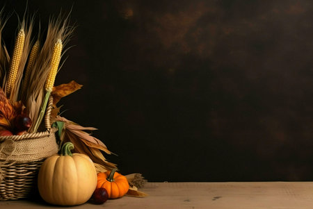 A rustic still life showcasing autumn harvest bounty. Pumpkins, corn, and fall leaves in a wicker...