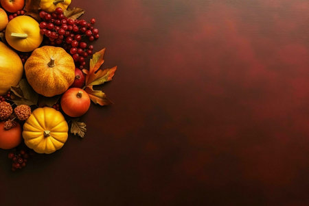 A vibrant autumn harvest scene featuring pumpkins, berries, and leaves arranged on a dark background.の写真素材