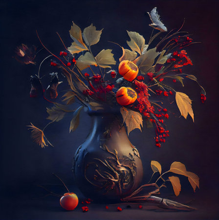 A digital painting of an autumnal still life featuring a dark vase filled with richly colored flowers, berries, and persimmons. The artwork evokes a sense of romance and quiet contemplation.の写真素材
