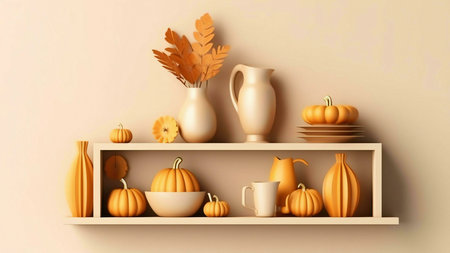 A 3D rendered image showcasing a stylish autumnal shelf arrangement. Pumpkins, vases, and autumn...