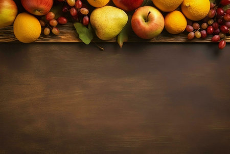 A vibrant collection of autumn fruits arranged on a rustic wooden surface. Apples, oranges, pears,...