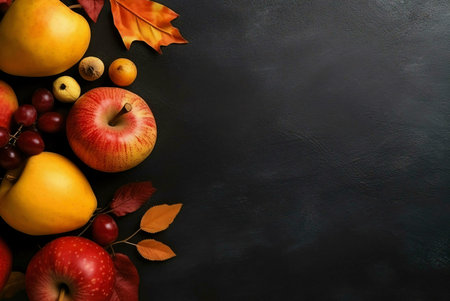 A delectable autumn still life featuring apples, grapes, and leaves. Rich colors and textures.の写真素材