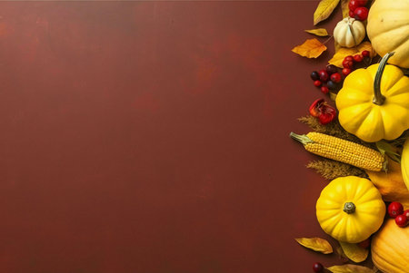 Vibrant autumn harvest still life featuring pumpkins, corn, berries and leaves. A perfect Thanksgiving image.の写真素材