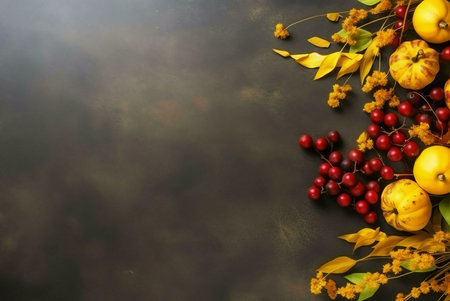 A festive autumnal scene featuring pumpkins, berries, and yellow leaves.