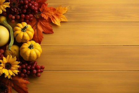 Autumnal harvest scene with pumpkins, grapes, and fall leaves arranged on a warm wooden background.