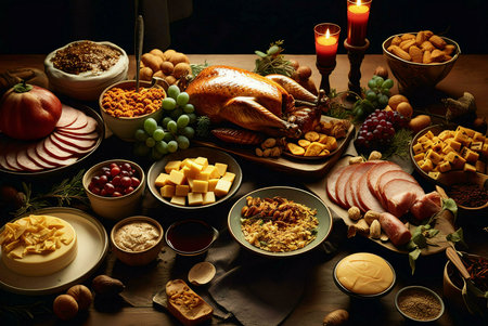 A lavish Thanksgiving or holiday table spread with a roasted turkey, ham, assorted cheeses, fruits, and various side dishes. The scene is set with candles and a warm, inviting atmosphere.の写真素材