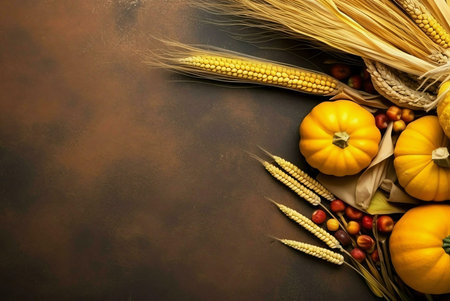 A vibrant autumnal still life featuring pumpkins, wheat, corn, and apples, set against a rustic background. Perfect for Thanksgiving.の写真素材