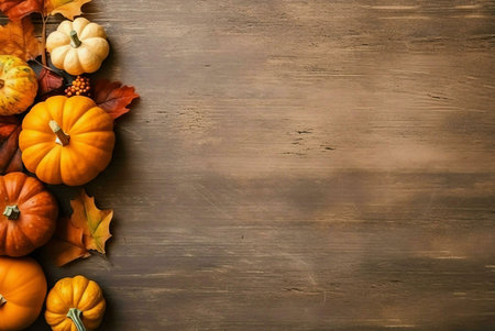 A rustic autumnal scene with pumpkins and fall leaves arranged on a wooden background. Perfect for Thanksgiving.の写真素材