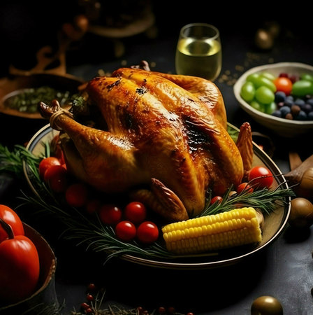 A beautifully roasted turkey centerpiece, surrounded by colorful vegetables and corn on the cob, perfect for a Thanksgiving feast.の写真素材