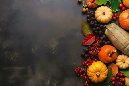 A vibrant autumn still life showing pumpkins, grapes, berries, and leaves. Perfect for Thanksgiving or fall decor.の写真素材