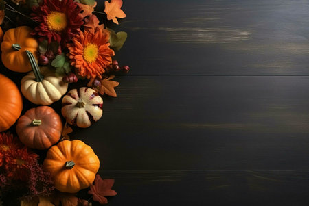 A beautiful autumn harvest still life with pumpkins, flowers, and fall leaves arranged on a dark...