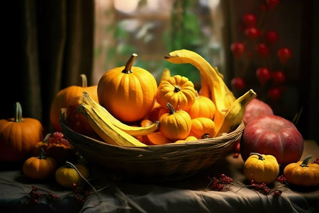 A beautiful autumn still life featuring a variety of pumpkins and gourds in a rustic basket,...
