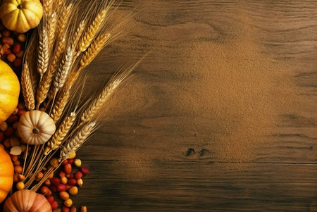 A rustic Thanksgiving background featuring pumpkins, wheat stalks, and nuts on a wooden surface. Perfect for autumnal celebrations.の写真素材