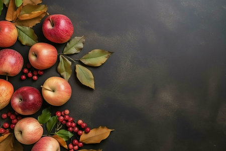 A beautiful autumnal still life featuring various red apples, vibrant fall leaves, and red berries. This image is perfect for a seasonal theme.の写真素材