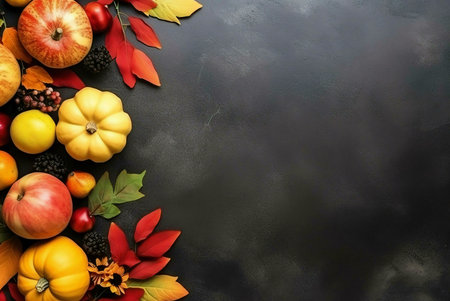 A vibrant autumnal still life featuring pumpkins, apples, and fall leaves arranged on a dark...