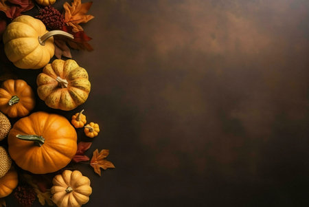 A stunning autumnal display featuring an array of pumpkins and fall leaves against a rich brown backdrop.の写真素材
