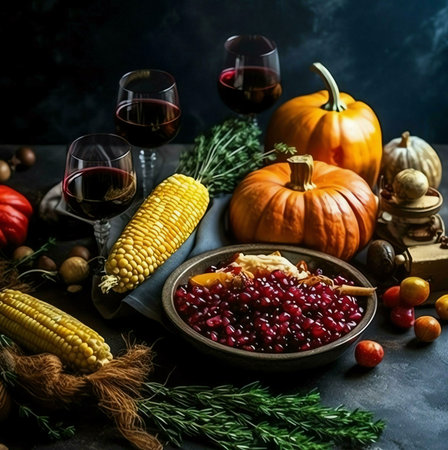A rustic autumnal table setting featuring roasted vegetables, cranberry sauce, corn on the cob,...
