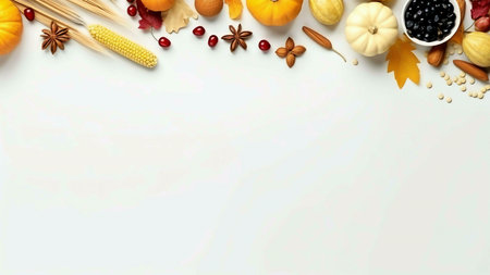 A festive autumnal border featuring pumpkins, corn, cranberries, spices, and other fall elements on a white background, ideal for Thanksgiving.の写真素材