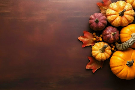 A vibrant autumnal still life featuring various pumpkins, colorful leaves, and berries on a dark wooden background.の写真素材