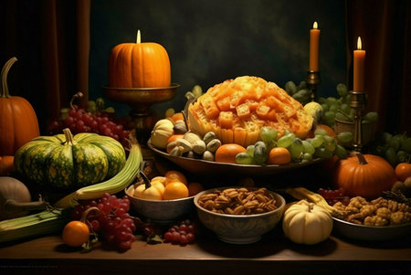 A lavish Thanksgiving table setting, illuminated by candlelight, showcasing an array of autumnal produce.の写真素材