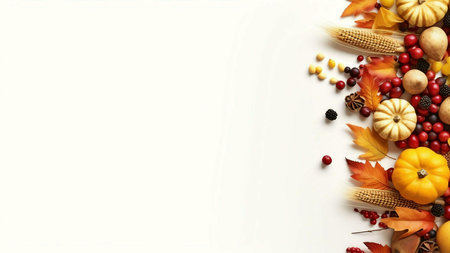 Autumnal Thanksgiving harvest background with pumpkins, berries, corn and leaves.