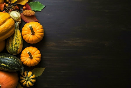 A collection of autumnal gourds and fall leaves arranged on a dark wooden background. Perfect for fall themed projects.の写真素材