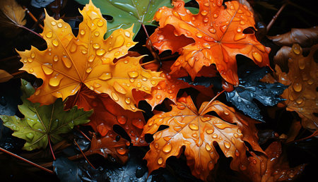Close-up shot of vibrant autumn leaves covered in water droplets. Rich colors and textures make this...