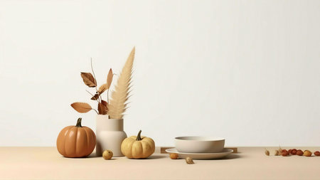 A serene autumnal still life featuring pumpkins, dried flowers, and a simple bowl and plate setting....
