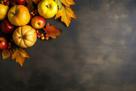 Autumnal still life featuring pumpkins, apples, and fall leaves. Perfect for Thanksgiving.