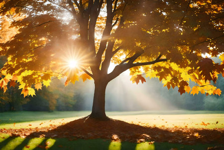 A majestic maple tree with golden leaves in a park, bathed in the warm light of a sunrise. Peaceful and serene autumn scene.の写真素材
