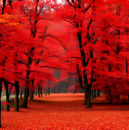 A mesmerizing path through a forest ablaze with intense red autumn leaves. The vibrant colors create...