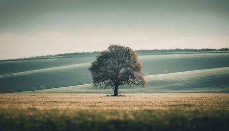 A single tree stands in a vast, rolling field under a calm sky. The image evokes a sense of peace and tranquility.の写真素材