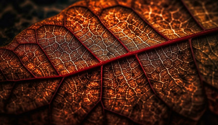 A macro shot reveals the intricate network of veins in a dried autumn leaf. The rich red and brown...