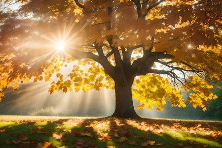 A majestic maple tree ablaze with autumn colors, bathed in the warm glow of the morning sun. Rays of light pierce through the leaves, creating a magical atmosphere.の写真素材