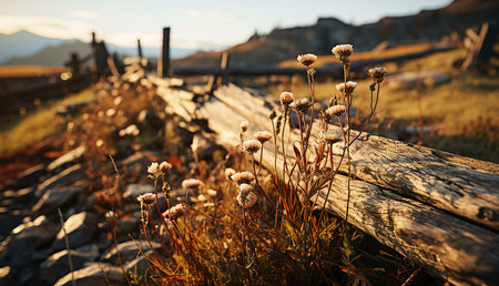 Wildflowers bathed in golden sunlight near an old wooden fence, mountainous backdrop.