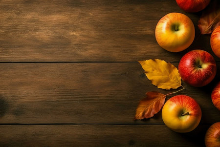 Red and yellow apples with autumn leaves on a rustic wooden background. Perfect for fall themes.の写真素材