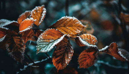 Close-up of frosty autumn leaves in winter. Beautiful autumnal colors and textures.の写真素材