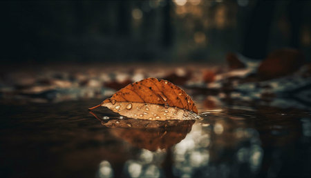 A single autumn leaf, glistening with raindrops, floats serenely on still water, its reflection...
