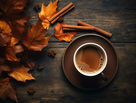 A warm cup of coffee sits on a rustic wooden table, surrounded by autumn leaves and cinnamon sticks.の写真素材