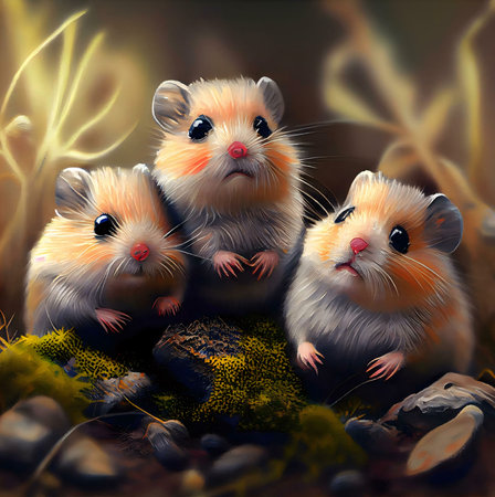 Three fluffy hamsters huddle together on a mossy rock. Digital painting of adorable creatures.の写真素材