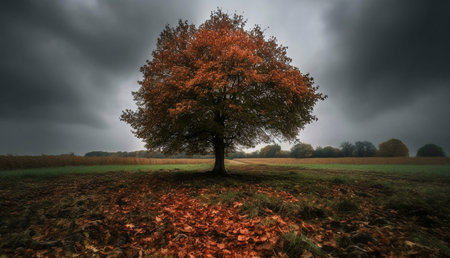 A lone tree with vibrant autumn leaves stands in a field under a brooding sky. The scene evokes a sense of peace and solitude.の写真素材
